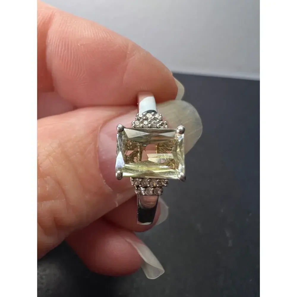 Prasiolite and zircon Sterling silver ring size 9